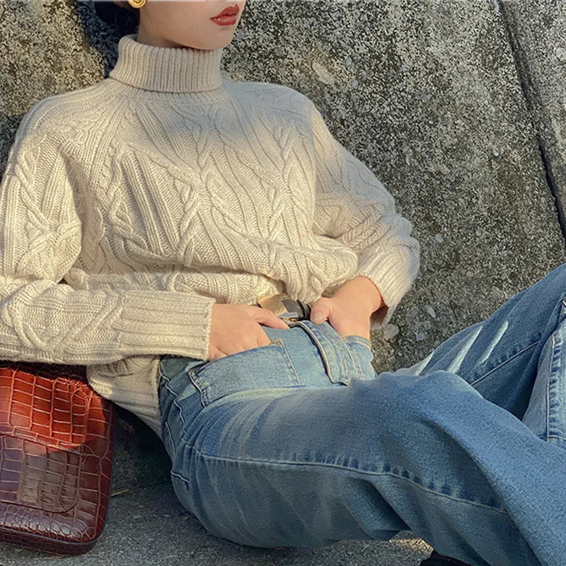 Winter Turtleneck Sweater Women Cashmere Argyle Sweaters Pure Color Knitted Pullover Oversized Loose Casual Lady Jumper