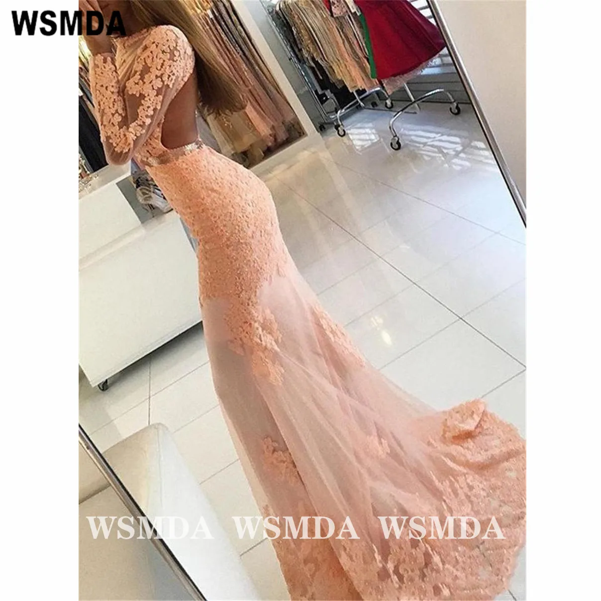 Vestido de baile de cauda estilo sereia, renda rosa, com mangas compridas, formal, para noite