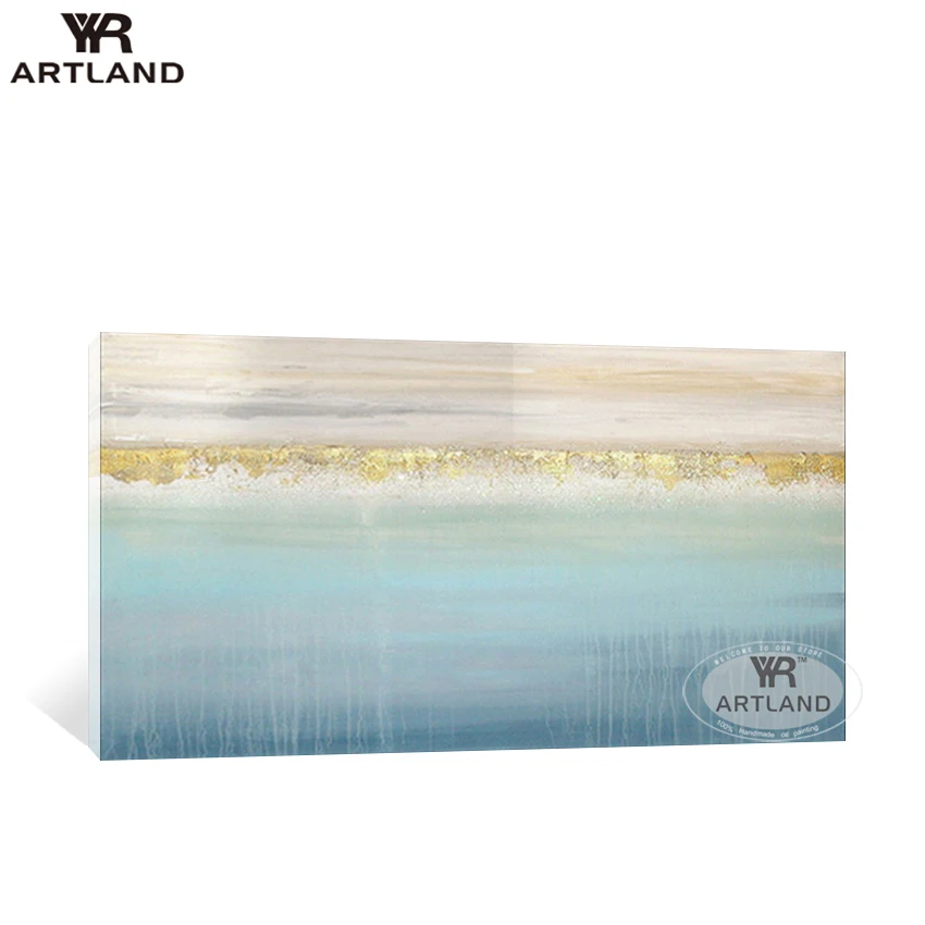 Modern poster Hand painted abstract oil painting wall art hanging pictures gold line on blue sky scenery for living room bedroom