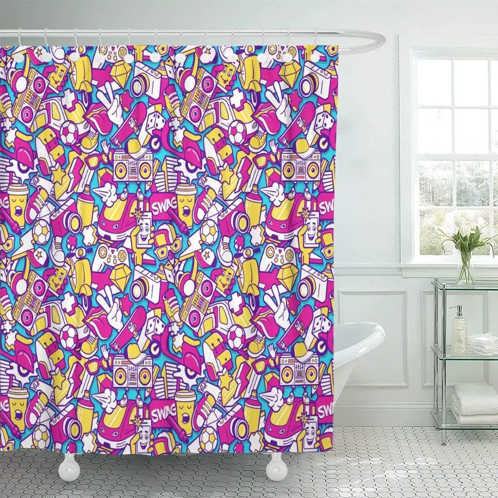 Graffiti Urban Lifestyle Line Crazy Doodle Abstract Linear Collage Shower Curtain Waterproof Polyester Fabric 60 x 72 Inches Set