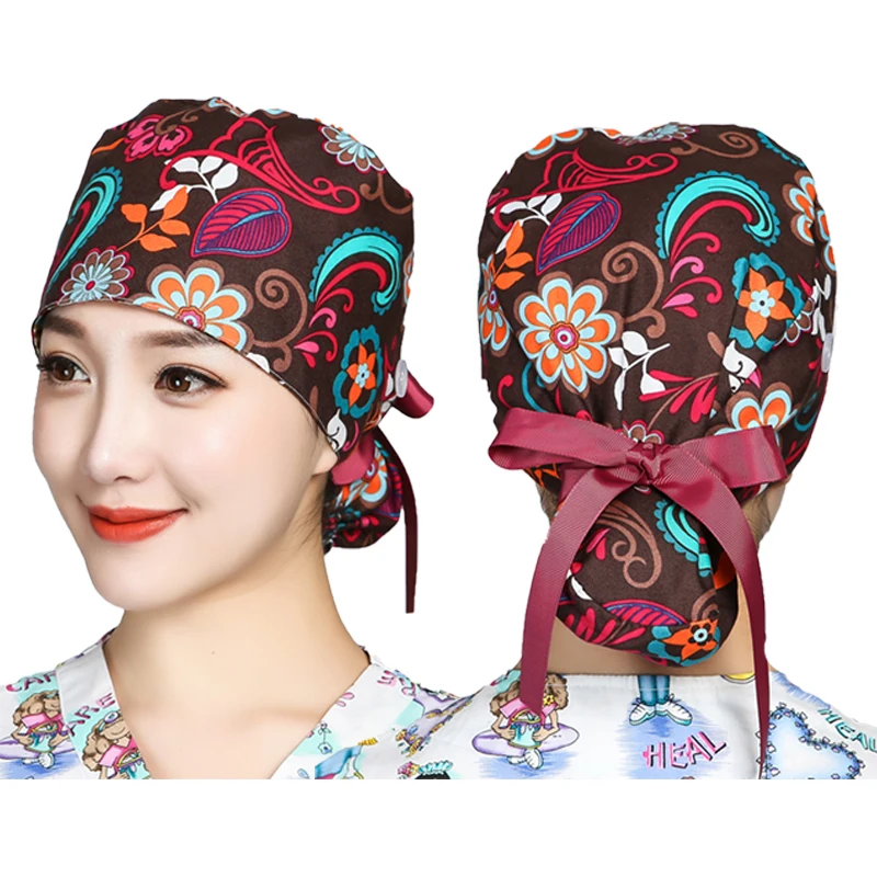 Gorros de algodón con estampado para mujer, gorras de trabajo con estampado, con botones, reutilizables, para salón de belleza, para mascotas