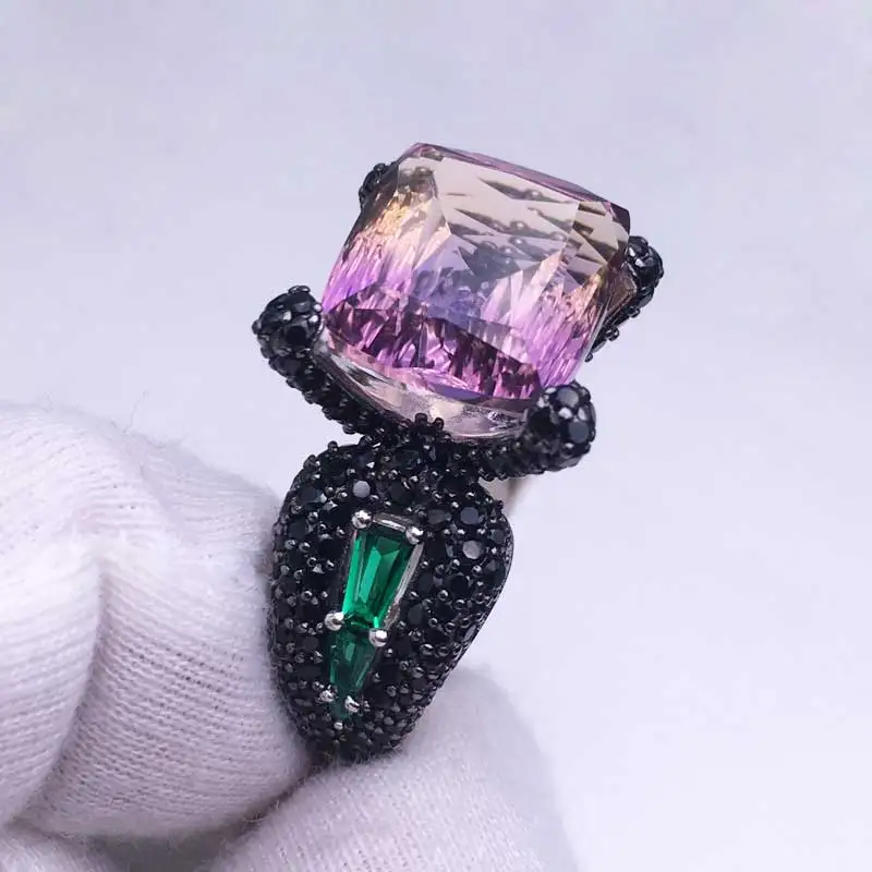 CSJ Natural Ametrine Ring Sterling 925 Silver Birdnest Cut Gemstone Supper Fine Jewelry For Women And Man Party Gift Box