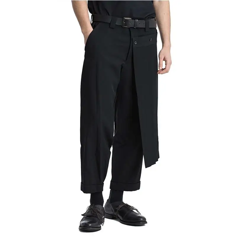 

Men's new trend fashion designer asymmetrical culottes stacked with nine cropped tapered roller pants large straight pants