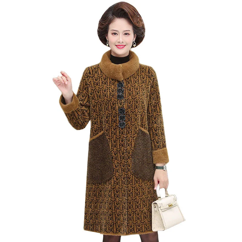 Autumn Winter Imitation mink Velvet Coat Women Middle Aged Mother Mid-length Casual Loose Thicken Woolen Jacket Female Overcoat