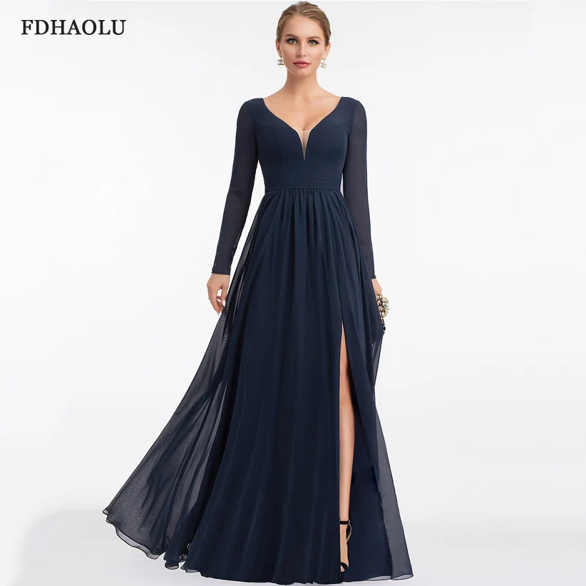 Customized Fashion Long Evening Dresses Women Evening Gown Party Dress Navy Blue Chiffon Zipper Vestido De Festa