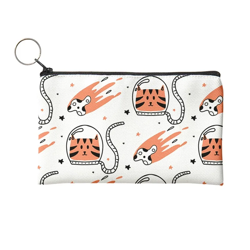 Porte-monnaie en toile avec fermeture éclair pour hommes et femmes, chat et chien, image de dessin animé, poudres de portefeuille pour filles, petit