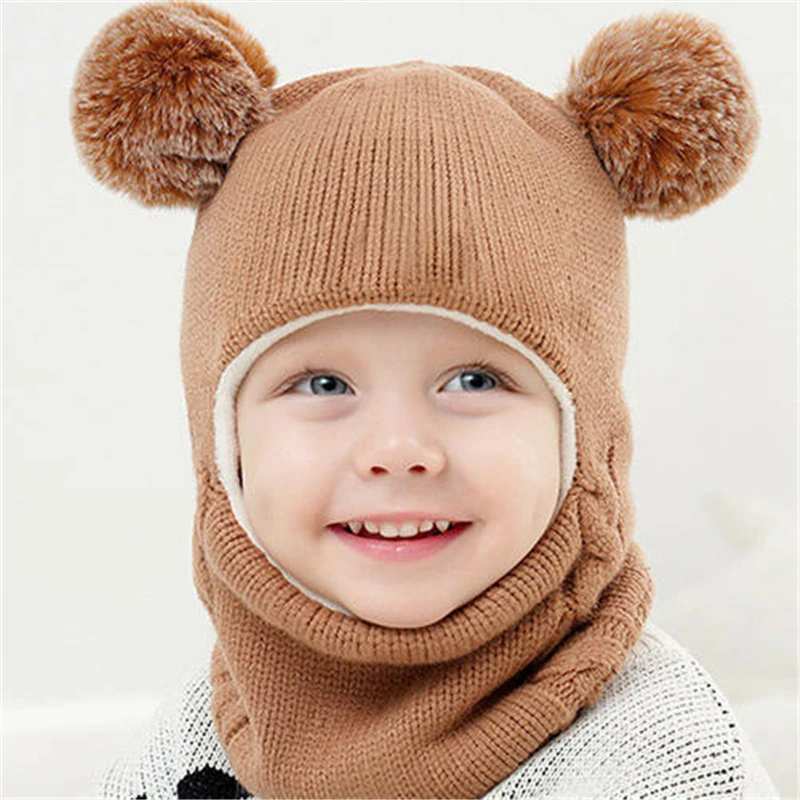 Baby Boy Girl Hat And Scarf All In One Winter Thicken Plus Velvet Face Ear Protection Knitted Cap Toddler Children Kids Warm Hat