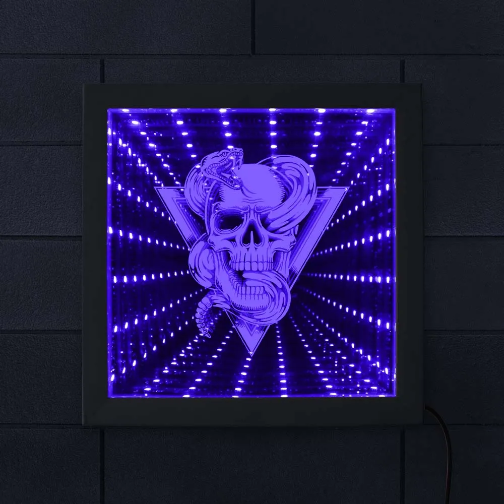 

Skull With Rattlesnake Totem Emblem Infinity Mirror Frame Mesmerizing Illusion Tunnel Lamp Snake Through Skull Lighted Mirror