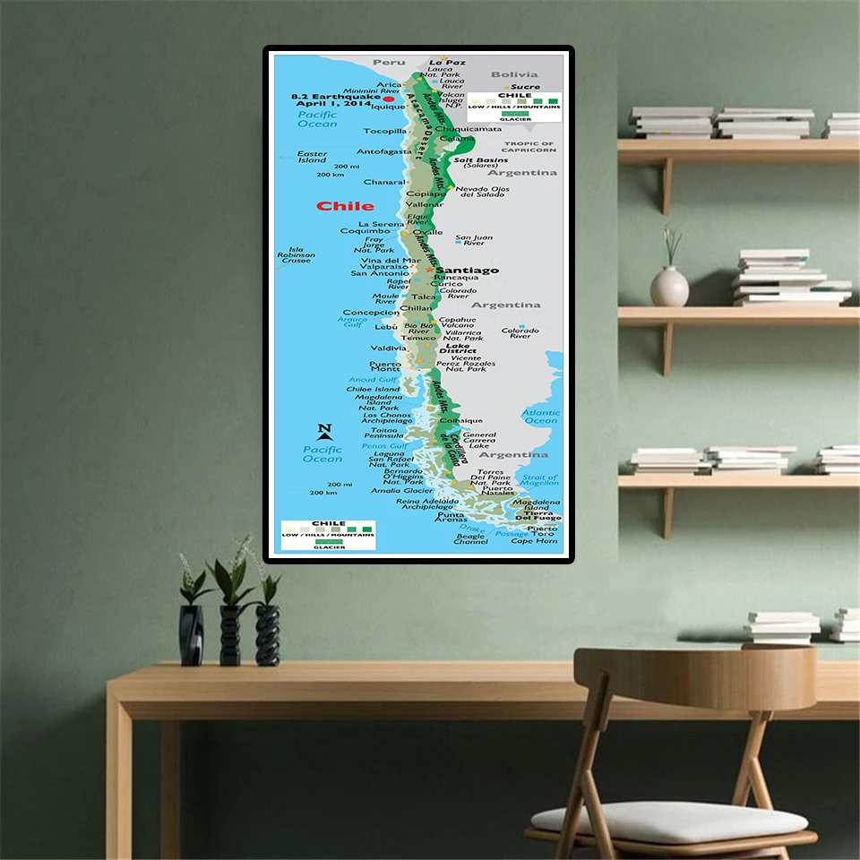 Mapa orográfico chilena de 60x120 cm, arte de parede, cartaz de pintura em tela, decoração para sala de estar, material escolar