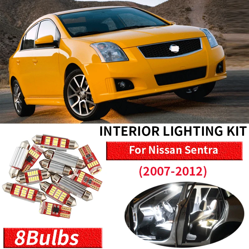 8pcs No Error White Canbus LED Light Car Bulbs For 2007-2012 Nissan Sentra Map Dome Trunk License Plate Lamp Interior PackageKit view 6