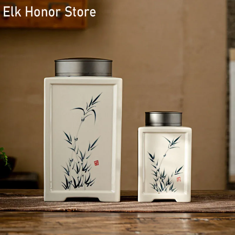 

Retro Hand Painted Landscape Art Ceramic Tea Jar Bamboo Art Large Hermetic Pots Storage Can Household Pu'er Teaware Containers