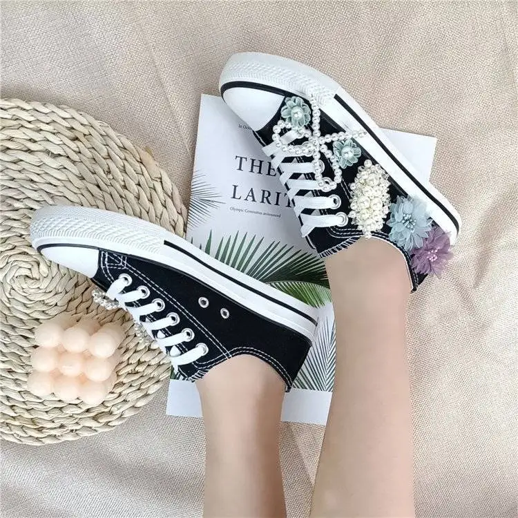 Girls Canvas Shoes Women\'s Spring/Autumn Casual Shoes Pearl Flower Fashion Flat Ribbon Lace-up Comfortable Vulcanized Shoes