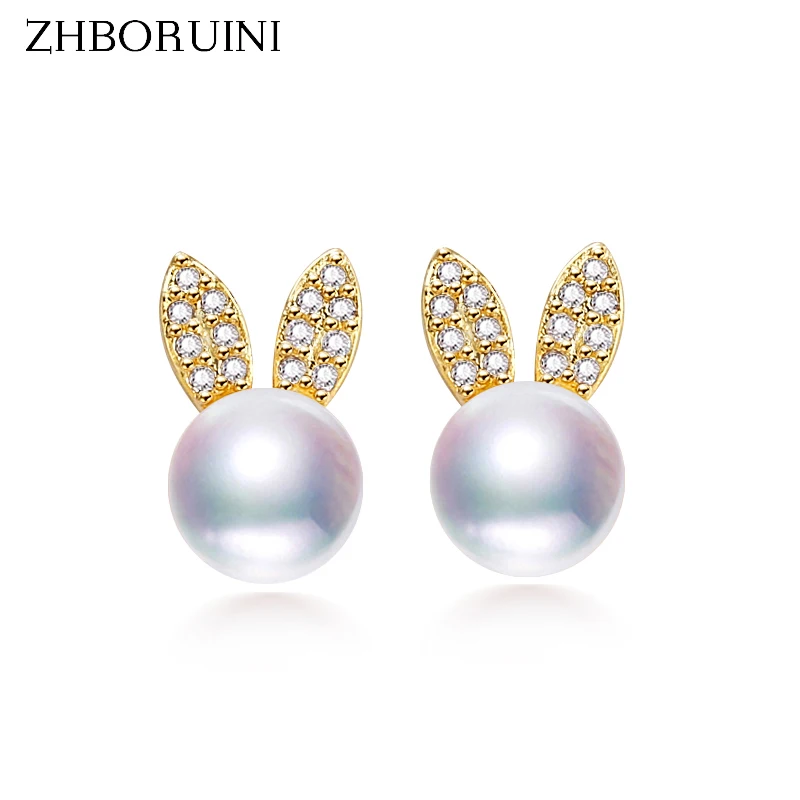 ZHBORUINI Pearl Earrings 2024 Trend Lovely Rabbit Ears 925 Silver Stud Earrings For Women 100% Real Natural Pearl Jewelry Gift