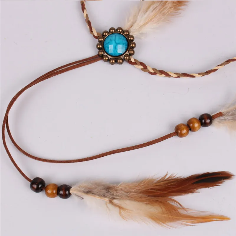 Bohemian Style Indian Feather Headband Headdress Hair Rope Headwear Tribal Hippie Handmade Hair Accessories for Women 21