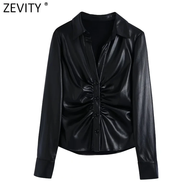 Zevity 2021 Women Vintage Single Breasted Pleated Design Slim Blouse Office Lady Black PU Leather Shirts Chic Blusas Tops LS9743