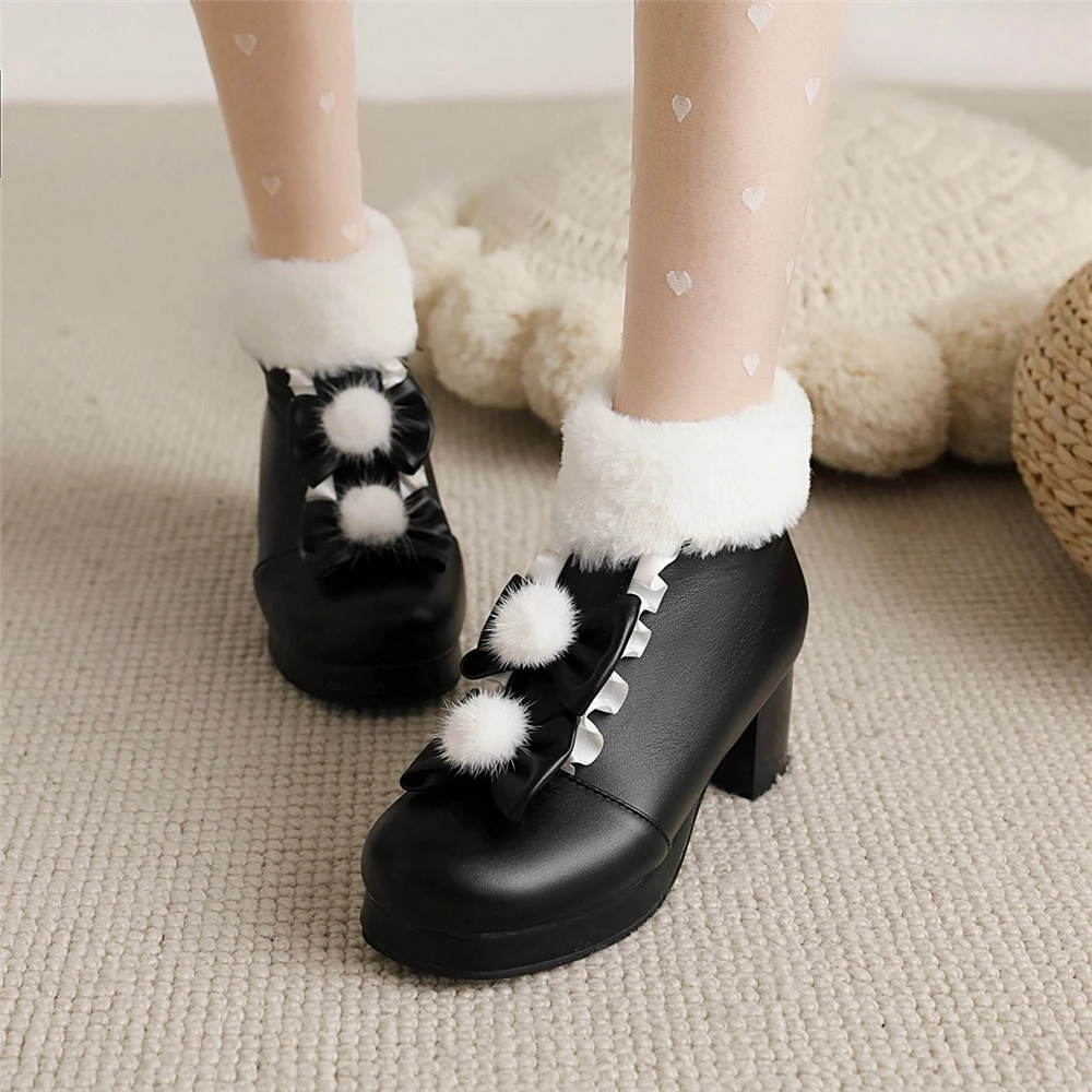 Lolita Girls Winter Boots Pink Women Fur Bowtie Butterfly-Knot Lovely Ladies Ankle Boots Japanese Cosplay Party Wedding Shoes