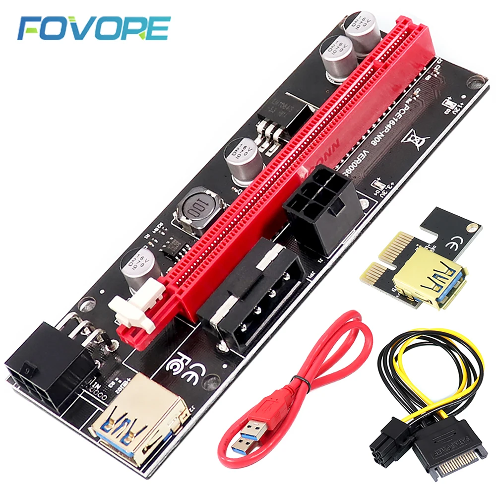 VER009S PCIe Riser Card 009S PCI-E PCI Express 1X to 16X Extender Riser 0.6M USB 3.0 Cable SATA to 6Pin Power For Video Card NEW