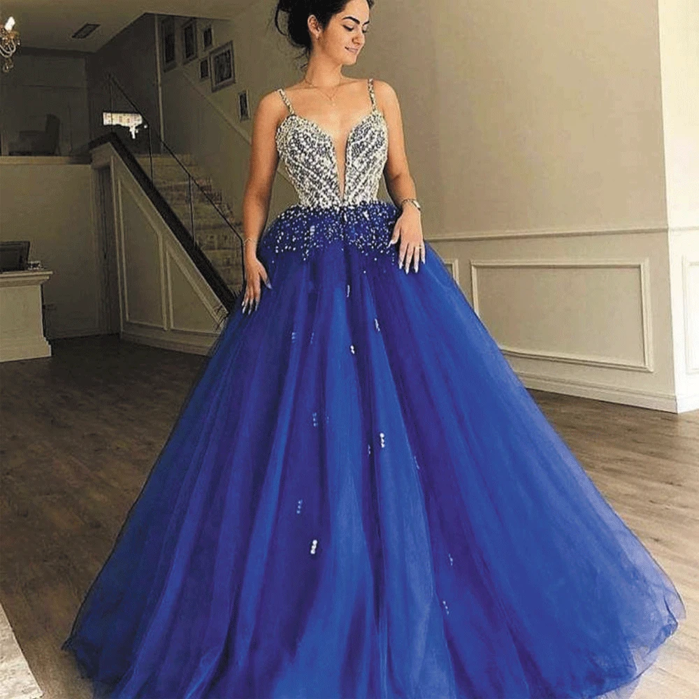 SuperKimJo Vestidos De Gala الملكي الأزرق الفاخرة فساتين لحضور الحفلات الموسيقية 2021 السباغيتي حزام مطرز تول فستان حفلات Abendkleider