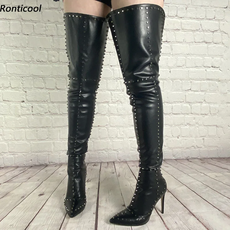 

Ronticool Handwork Women Thigh Boots Matt PU Sexy Studded Stiletto Heels Pointed Toe Black Party Club Shoes Ladies Us Size 5-15