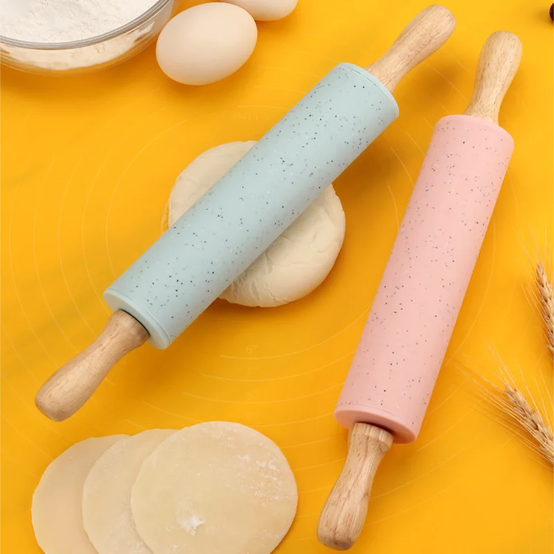 

23cm Wooden Handle Silicone Rolling Pin Non-stick Fondant Pastry Dough Roller Kitchen Biscuit Cupcake Pasta Baking Tools