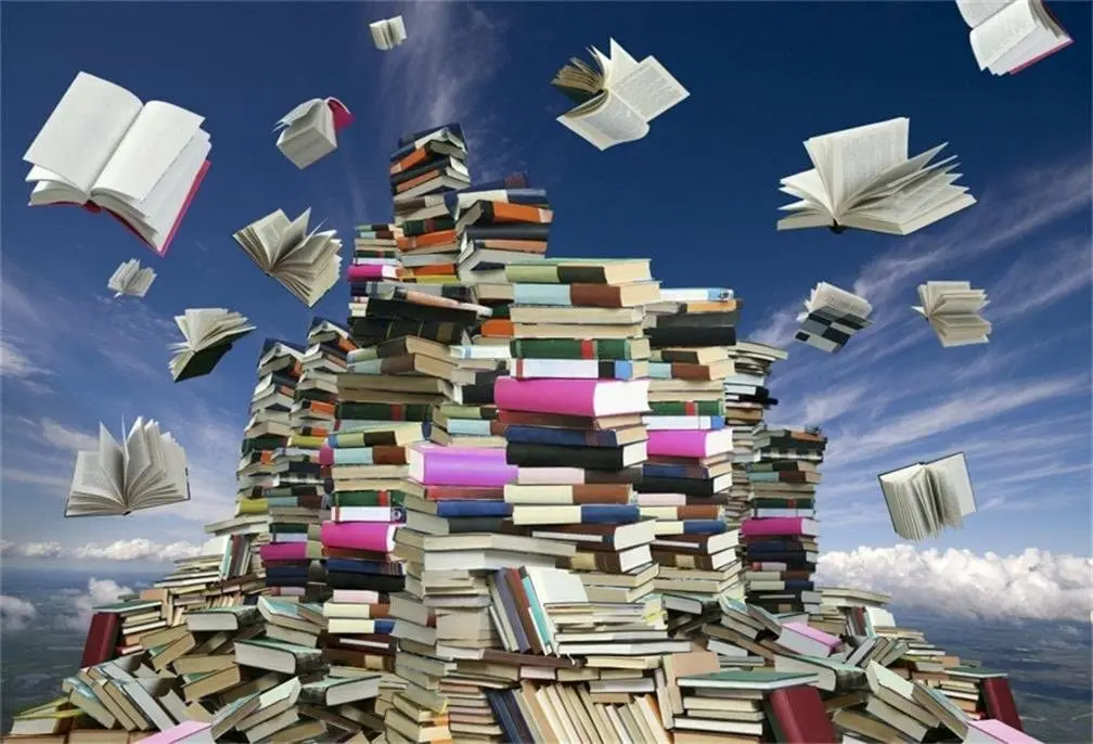 Mass of Books Backdrop Back To School Fantasy Book Flying In Blue Sky Photography Background Education School Study Photo Studio