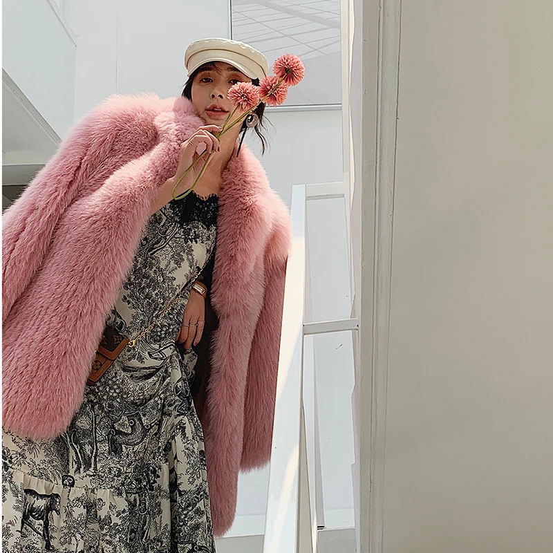 Ftangaiur  New Winter Import Fox Fur Coat Warm Pink Color Fox Coats Turn-Down Collar Medium Natural Fur Slim Fox Fur Coats