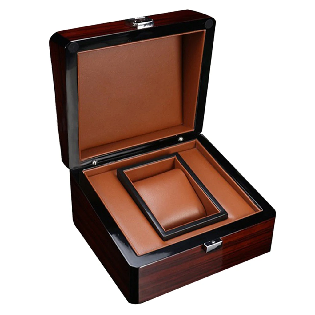 Premium Brown Wood Watch Box Single Slot Jewelry Storage Holder Square