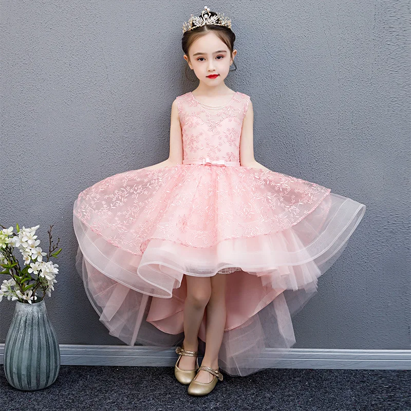 Girl Wedding Party Flower Girl Bridesmaid Embroidery Tail Dress Princess Birthday Host Walking Piano Performance Dress