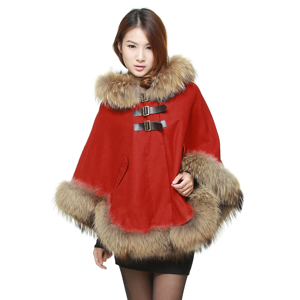 2020 autumn and winter raccoon fur coat female shawl plus size women\'s big red cloak cloak woolen coat  cape for women  cloak