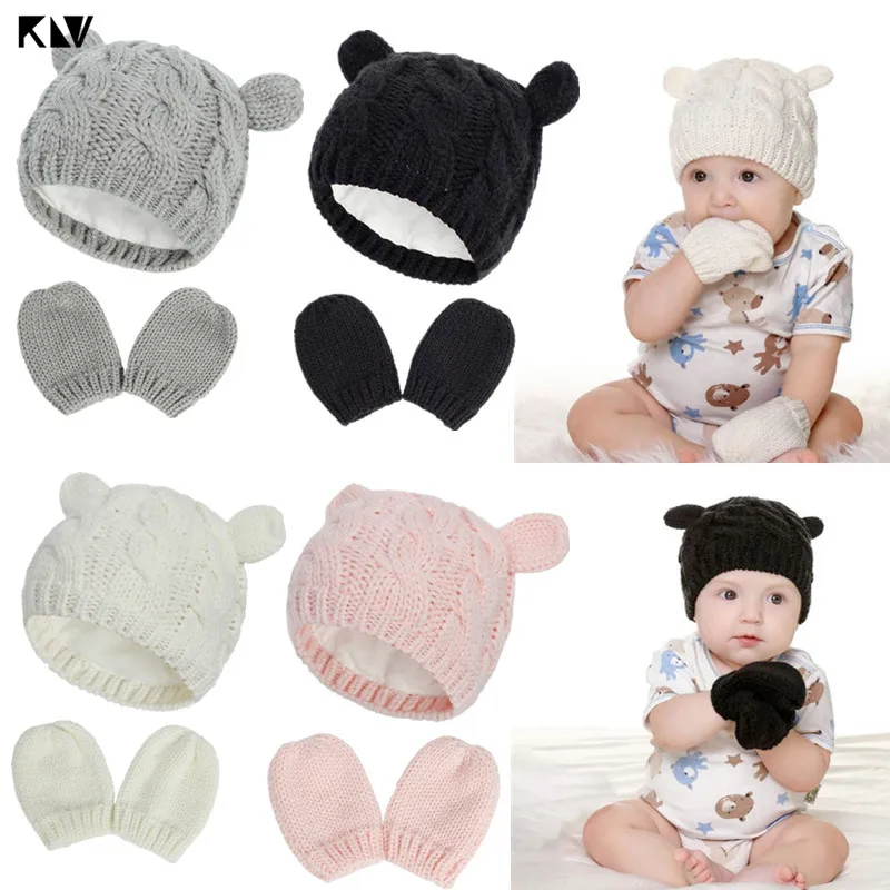 Winter Cotton Baby Hat and Mittens Set Kids Knitted Cotton Beanie Cap Warm Boys Girls Double Pompom Hats Gloves Infant Bonnet