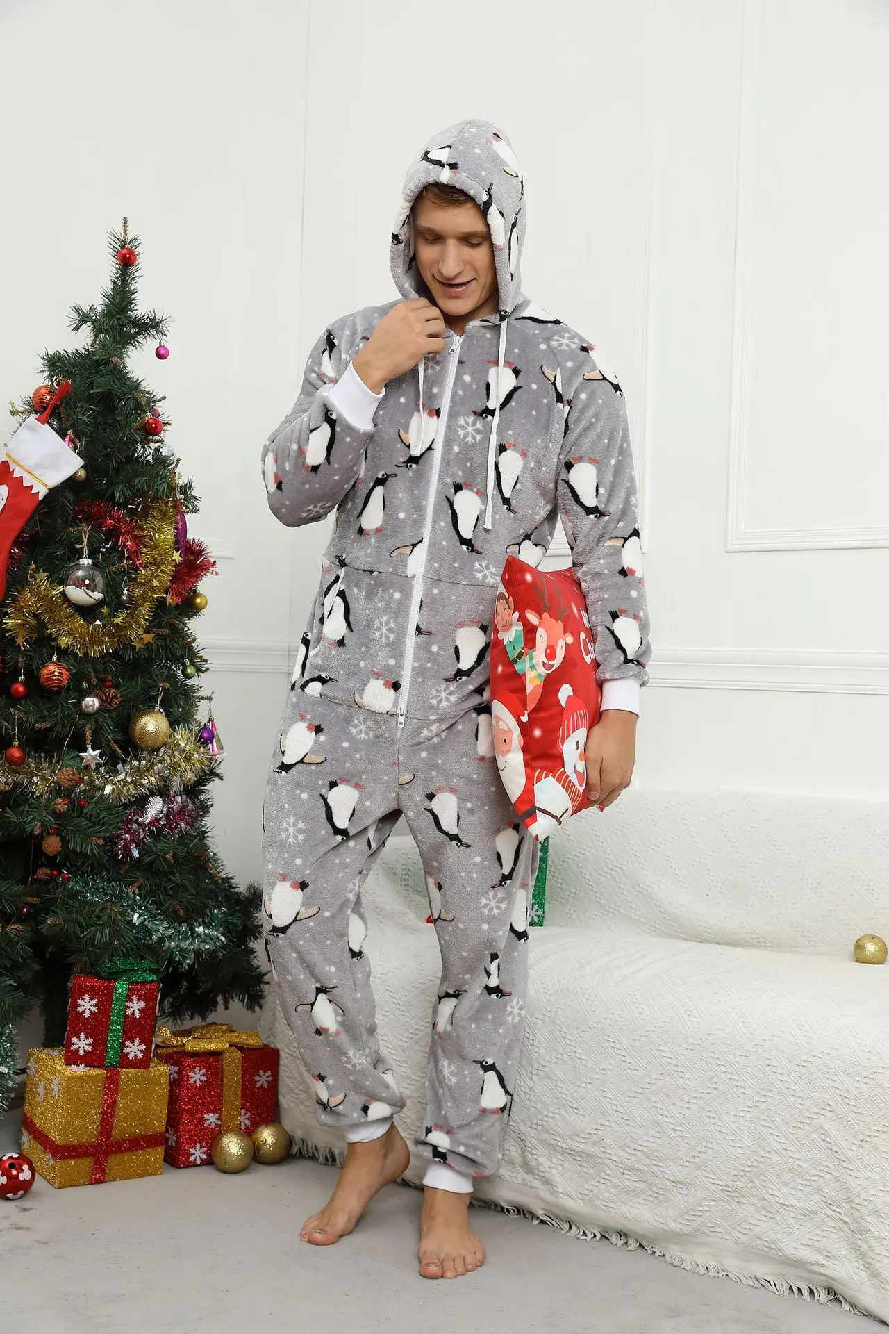 Christmas Long Sleeve Pajamas Men Adults Winter Flannel Jumpsuit Onesie Grey Print Sleepwear Pijama