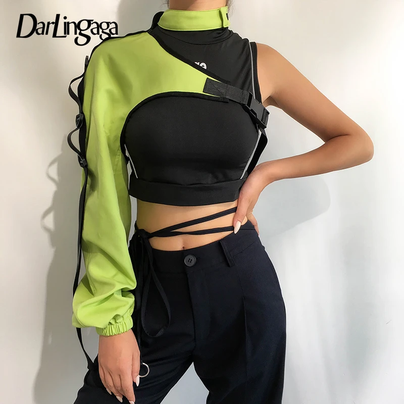 Darlingaga Streetwear Neon Halter Sweatshirt Hoodie Buckle Reflective Smock One Shoulder Women\'s Sweatshirts Holographic Outwear