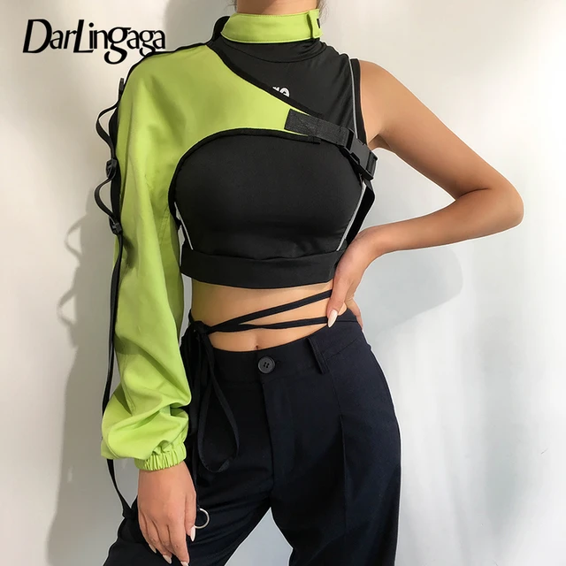 Darlingaga Streetwear Neon Halter Sweatshirt Hoodie Buckle Reflective Smock One Shoulder Women s Sweatshirts Holographic Outwear Hoodies Sweatshirts AliExpress