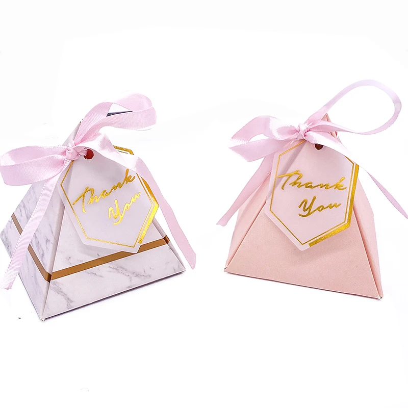 50 Pcs Creative Marble Gift Bag Box for Party Baby Shower Paper Pyramid Chocolate Boxes Package/Wedding Favours Candy Boxes