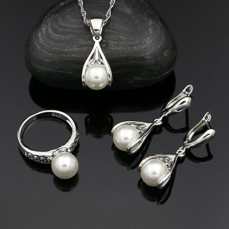 

Silver 925 Classic Jewelry Sets for Women White Pearl Beads Ring Pendant Necklace Drop Earrings Wedding Accessories