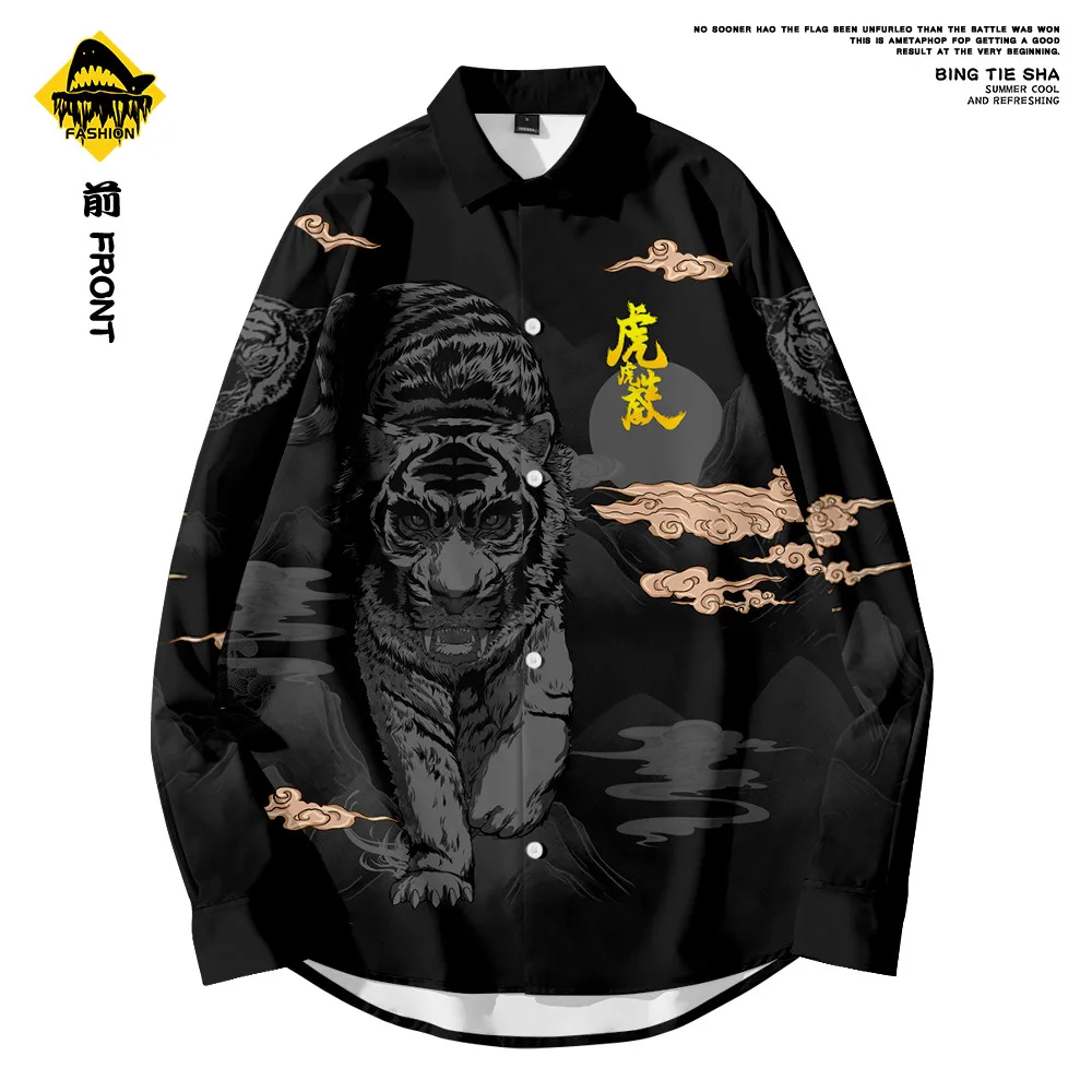 Men's Clothing Casual Fashion Black Tiger Printed Shirt Single-Breasted Cardigan Long Sleeve Turn-down-collar Shirt