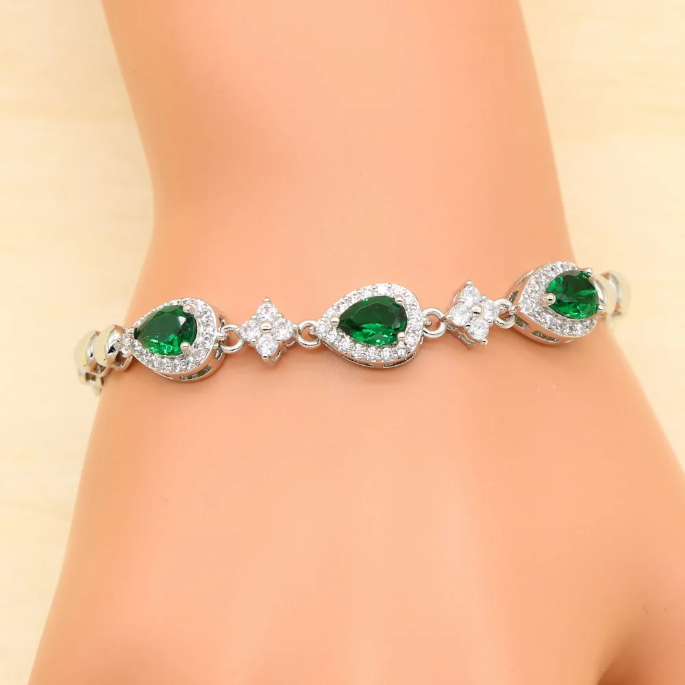 Hot Sell Natural Green Cubic Zirconia White CZ Silver 925 Jewelry Charm Bracelet Christmas Gifts For Women Length 18+3cm