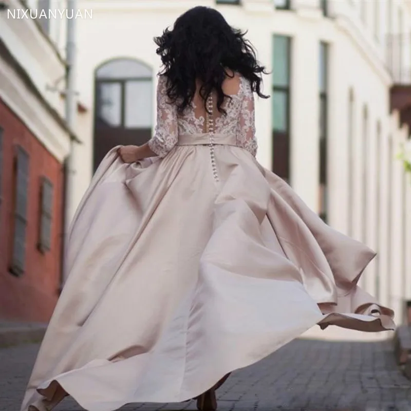 Robe De mariée trapèze en dentelle, grande taille, demi-manches, boutons au dos avec poche, en Satin, 2021