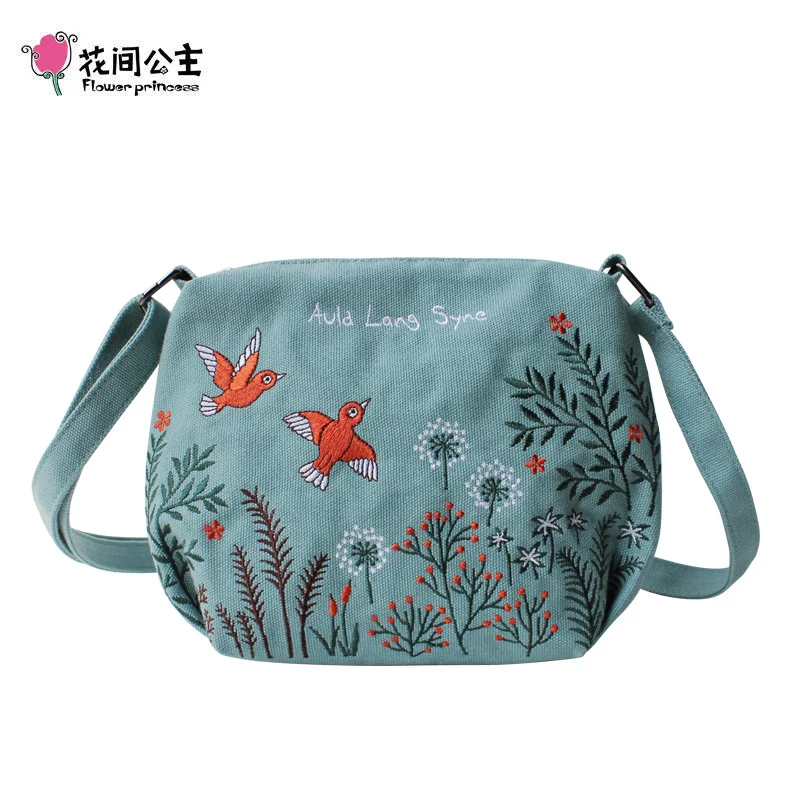 Flower Princess Women Crossbody Bag Summer Canvas Embroidery Girls Shoulder Bags Female Casual Handbags Small Purse Fashion Bag