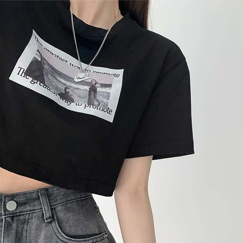 Western Style Print T-shirts Women Loose Short Sleeve Preppy Cropped T Shirt Students Slim Navel Cotton Tees Hip-pop Street Wear