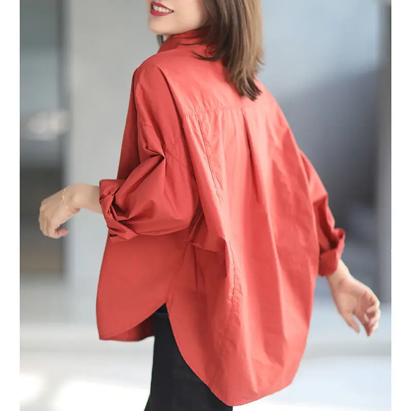 2021 New Spring/autumn Women Loose Turn-down Collar Long Sleeve Blouse Good Quality Pockets Cotton Linen Casual Shirts W590