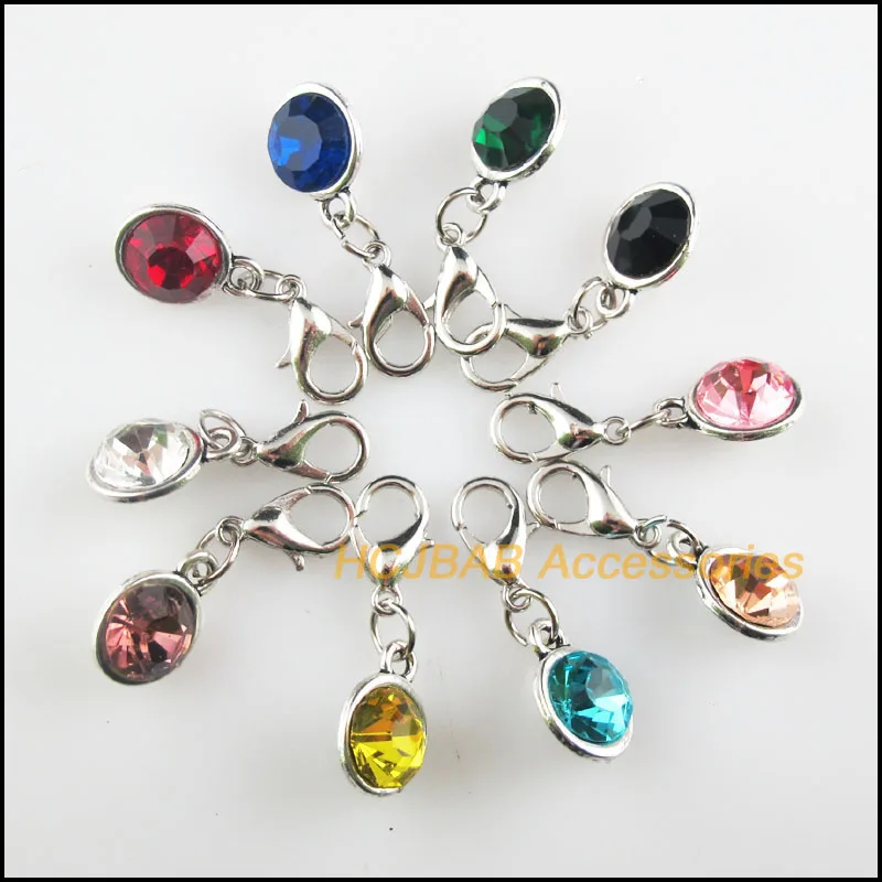 

10 New Cone 9x13mm Charms Mixed Round Crystal Tibetan Silver Plated Retro With Lobster Claw Clasps