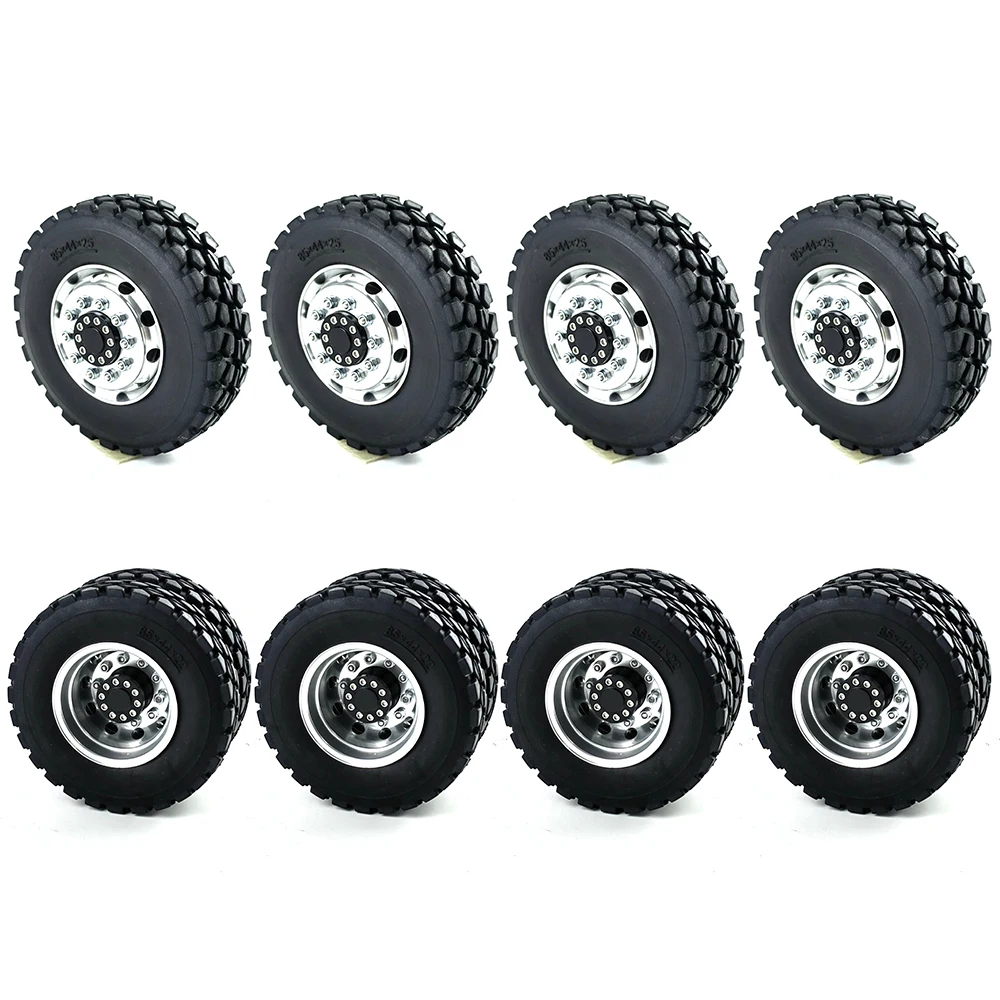 TRINOOD Front & Rear Wheel Tires Complete Set Metal Wheel Hub Rubber Tyre 22-25mm for 1/14 Tamiya RC Tractor Truck Car Parts