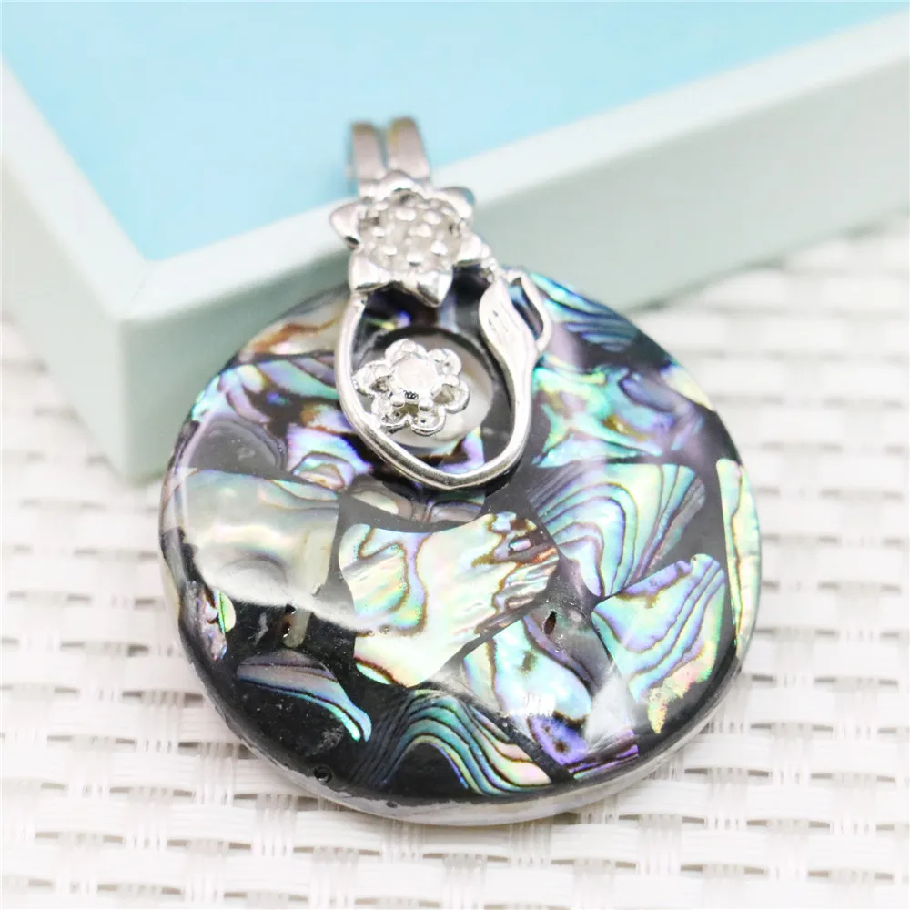 40mm Black Multicolor Flower Round Natural Abalone Seashell Sea Shells Pearl Pendant Women Girls Fashion Jewelry Making Design