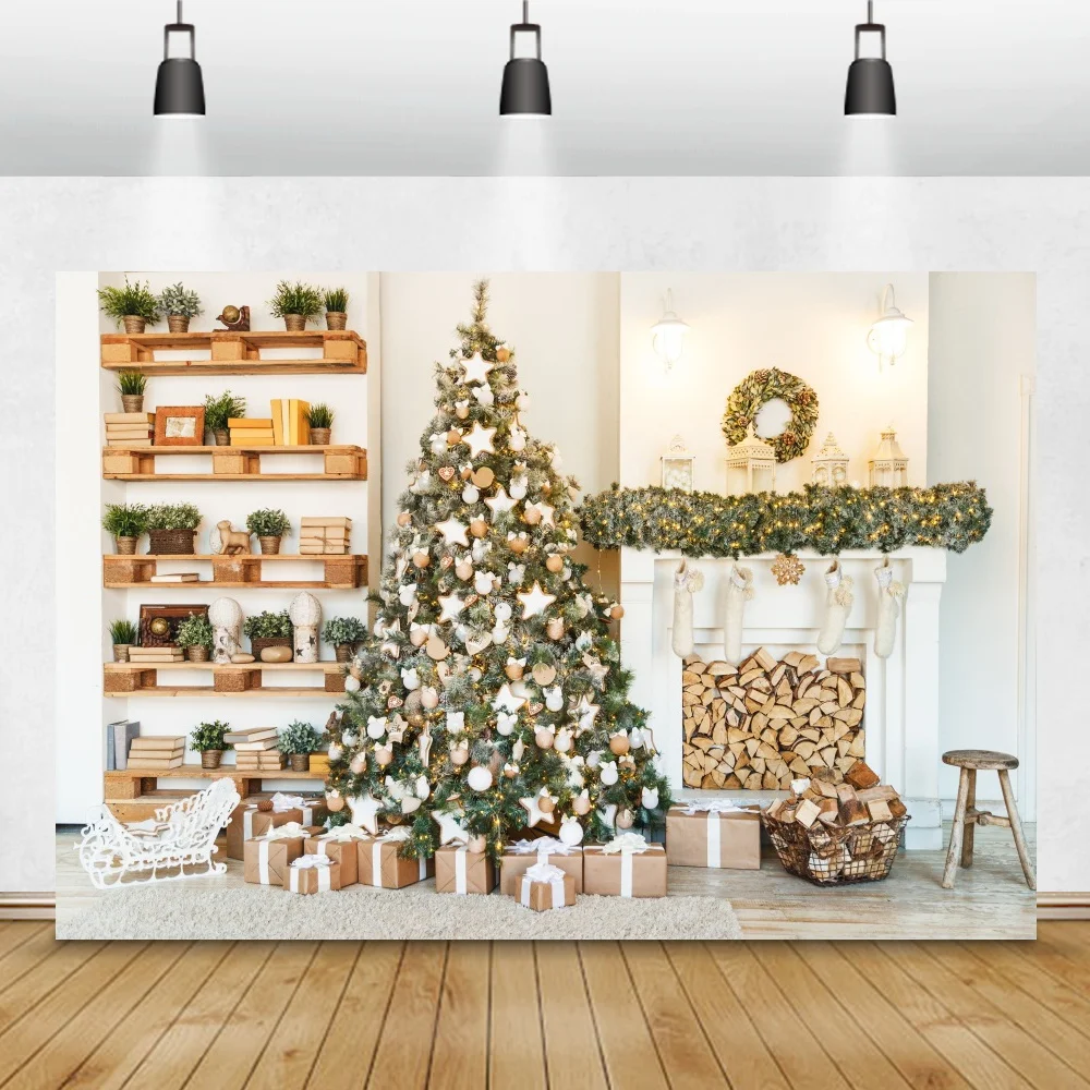Laeacco Luxury Decor Merry ChristmasเทศกาลเตาผิงTreeของขวัญChic Wallภาพเด็กทารกถ่ายภาพพื้นหลังฉากหลัง