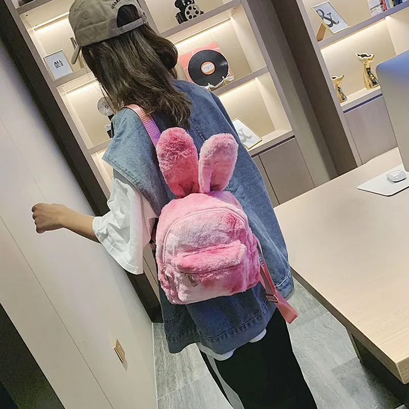 Tie Dye Plush Backpack For Women Rabbit Ears Faux Fur Shoulders Bag Cute Furry Mini Backpacks Girl Fluffy Bag 2021 Winter New