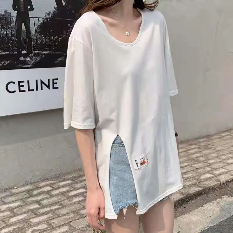 2021 Summer Korean Fashion Tees Women's Loose O-Neck Solid Base T-shirts Students Split Short Sleeved Tshirt Clothes Female Tops