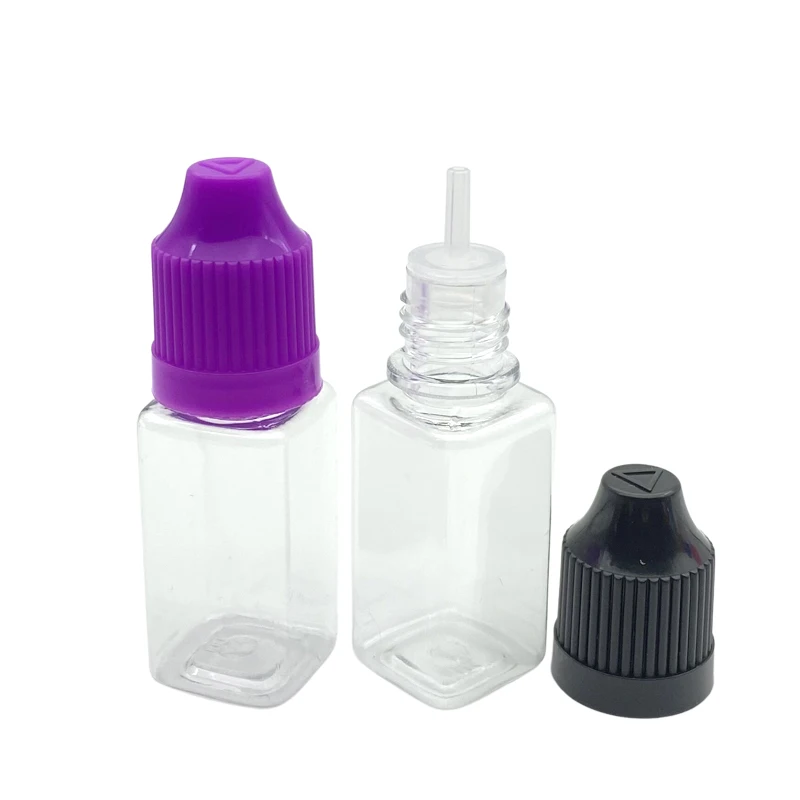 

100pcs Empty Square 10ml Plastic Dropper Bottle with Childproof Cap and Thin Tip Clear PET E liquid Needle Bottle