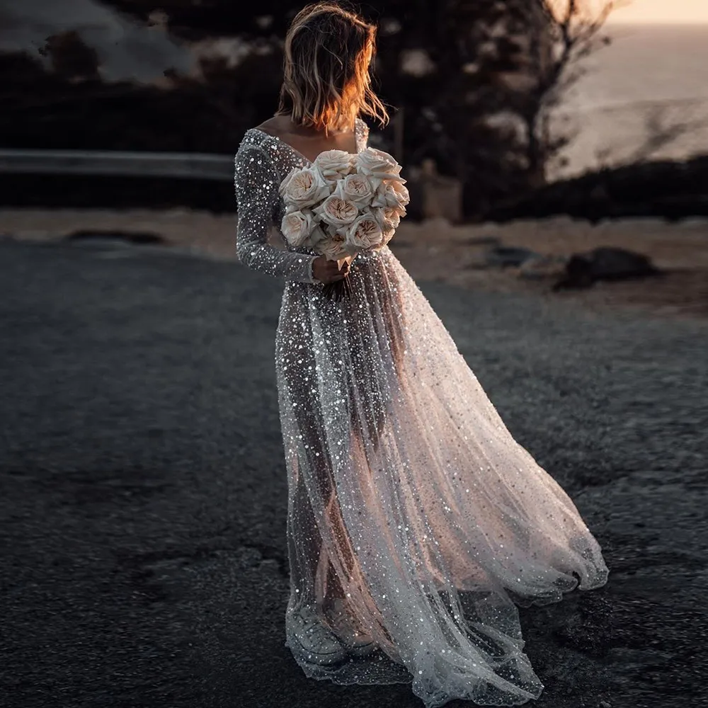 Sexy Illusion Boho abito da sposa maniche con scollo a v Backless Beach paillettes abiti da sposa 2022 Robe matrimonio abiti da sposa