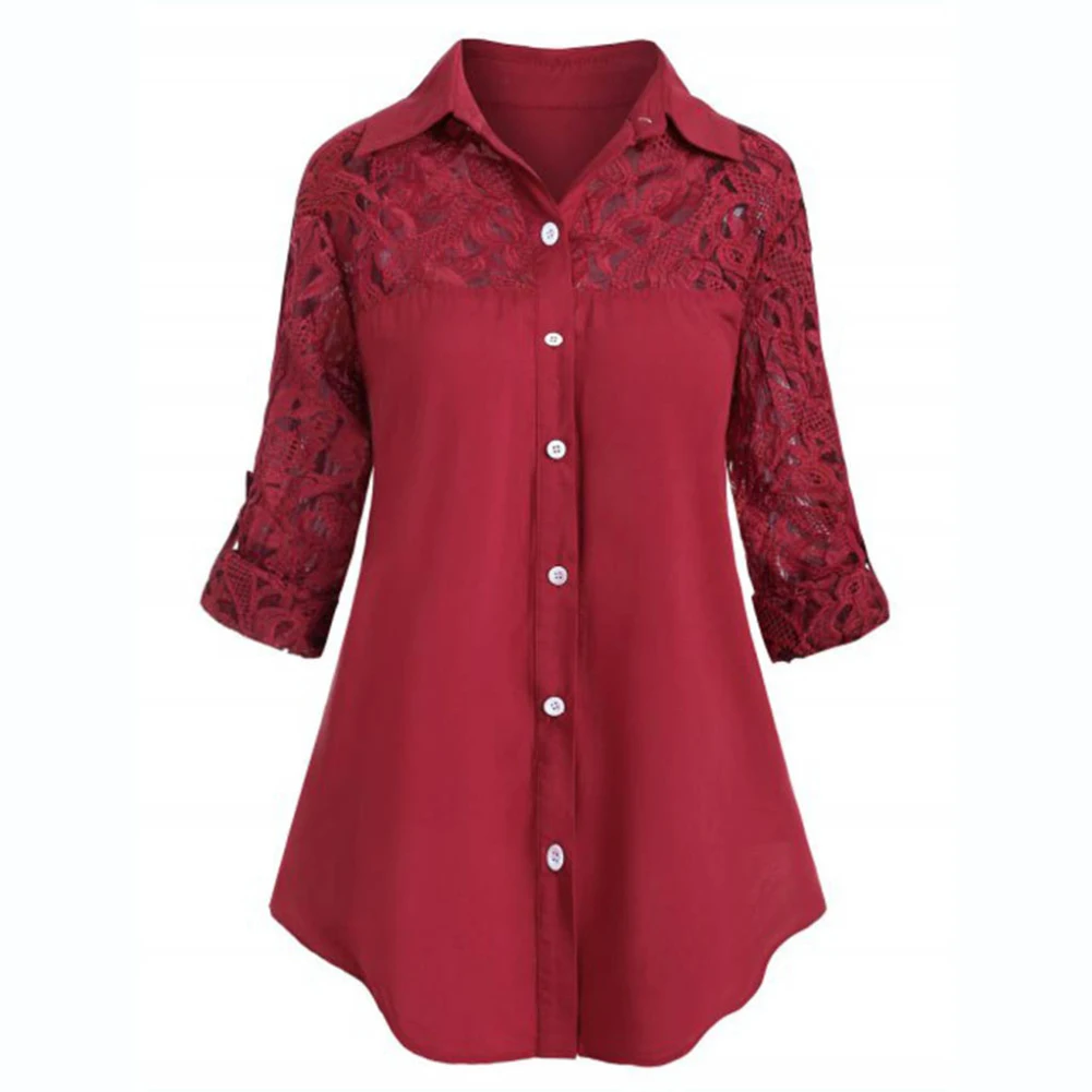 Women Casual Ladies solid color Turn Down Collar lapel long-sleeved lace stitching single-breasted office commuter top shirt